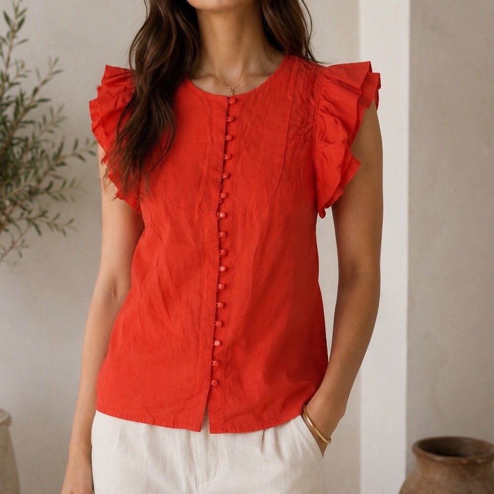 Hoss Intropia Coral Red Ruffle Cap Sleeve Cotton Blouse Button Down Top 38 i3